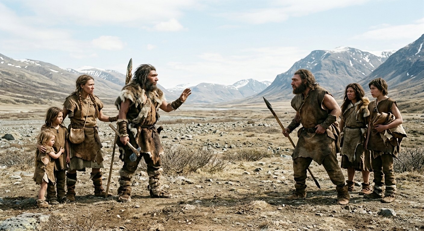 Due gruppi di Neanderthal si incontrano in una vallata