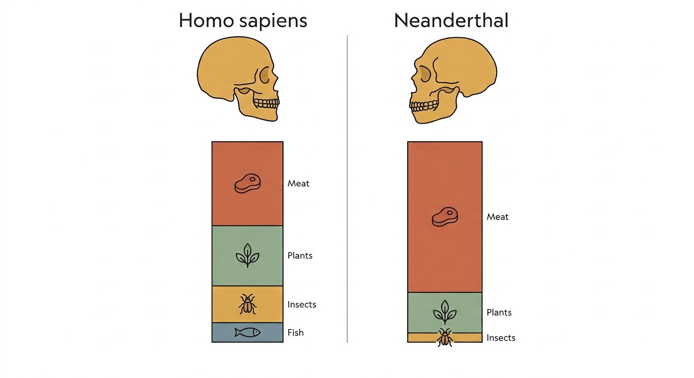 Infografica comparativa della dieta di Homo sapiens e Neanderthal