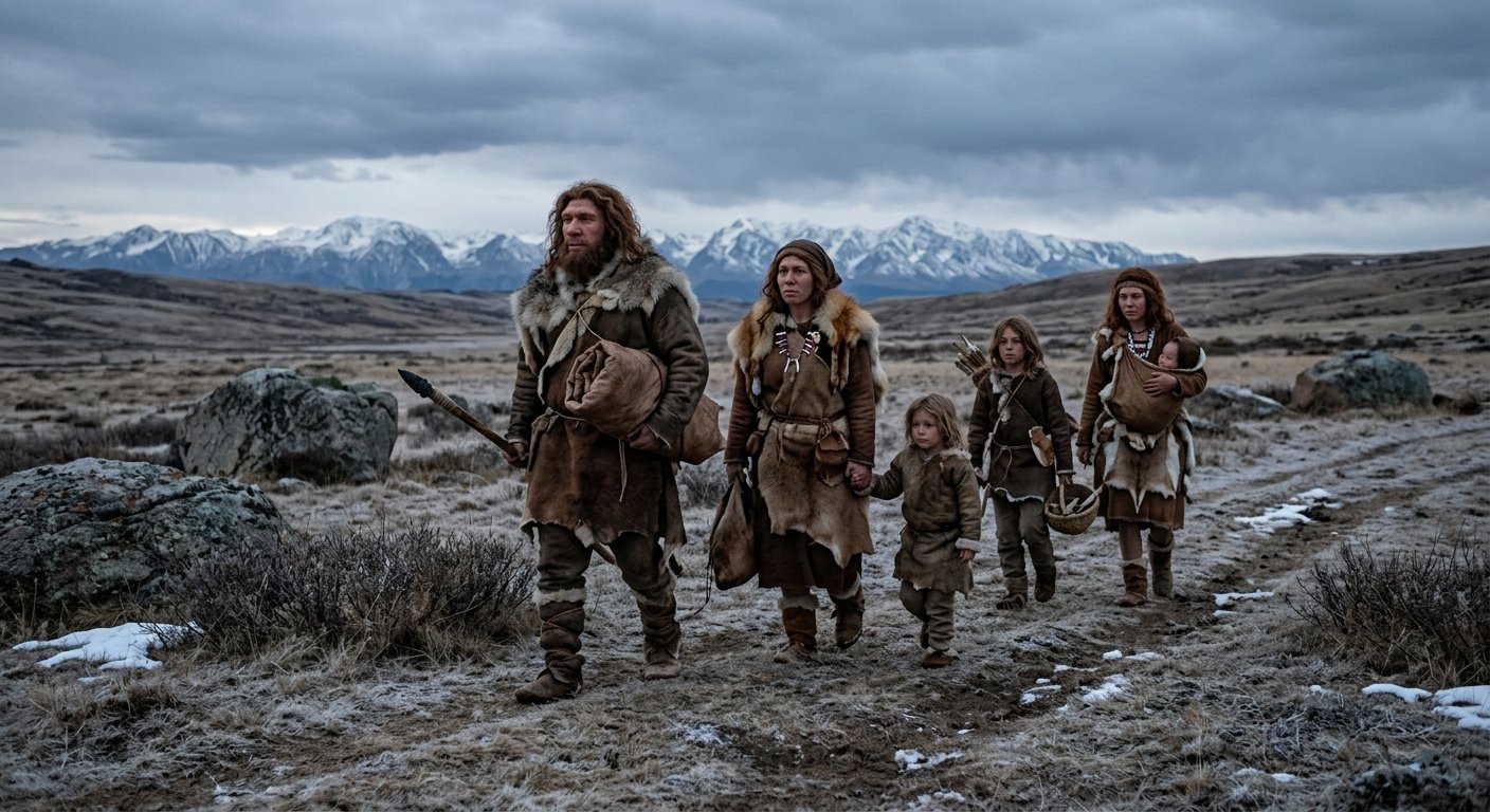 Un gruppo familiare Neanderthal in cammino attraverso un paesaggio glaciale