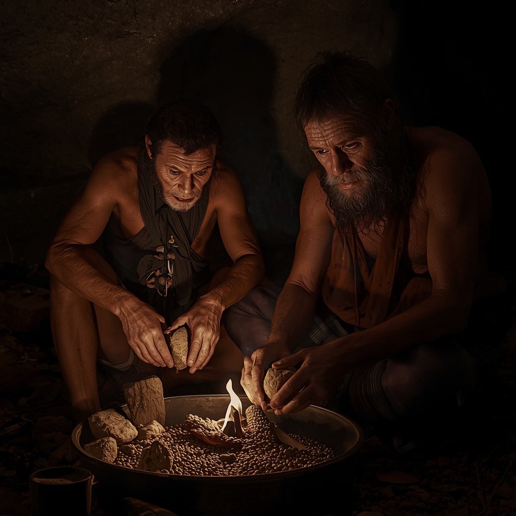 Ricostruzione di un focolare preistorico con Neanderthal che pestano legumi selvatici