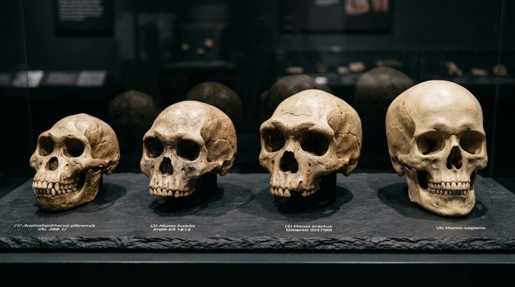 Quattro calchi di crani fossili in fila, da Australopithecus afarensis a Homo sapiens, con la scatola cranica sempre più grande.