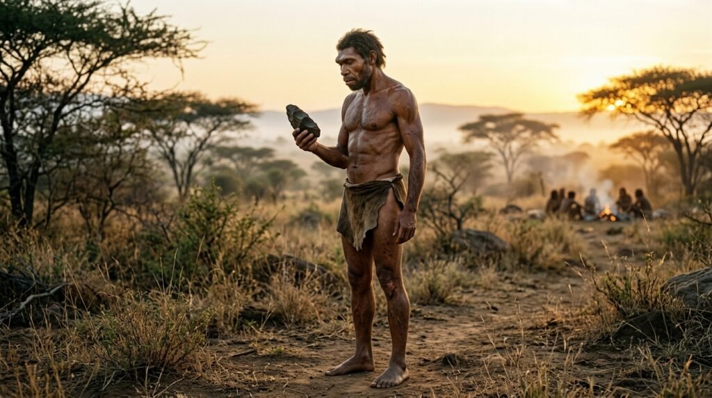 Ricostruzione di un maschio adulto di Homo erectus nella savana africana all'alba, con in mano un'amigdala di pietra.
