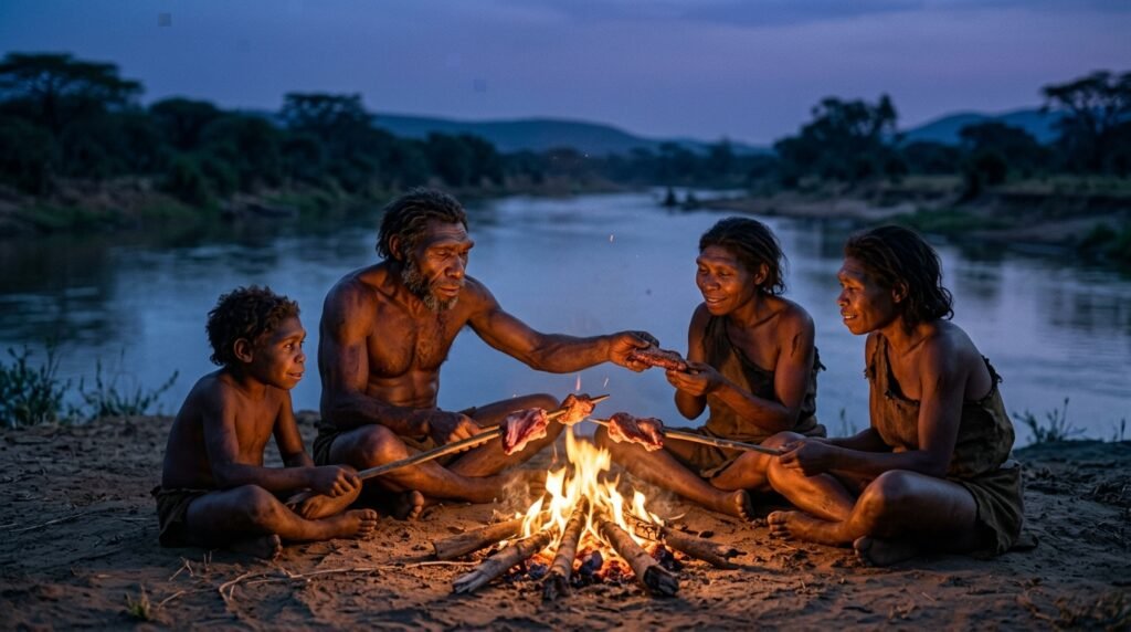 Ricostruzione di un gruppo di Homo erectus attorno a un fuoco, mentre cuoce della carne al tramonto lungo un fiume.