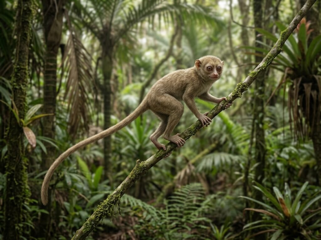 Ricostruzione artistica di Archicebus achilles, un minuscolo primate di 55 milioni di anni fa, su un ramo.