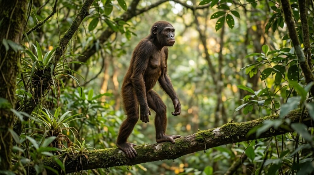 Ricostruzione di Ardipithecus ramidus, piccola femmina ominina, in posizione eretta su un ramo in una foresta africana