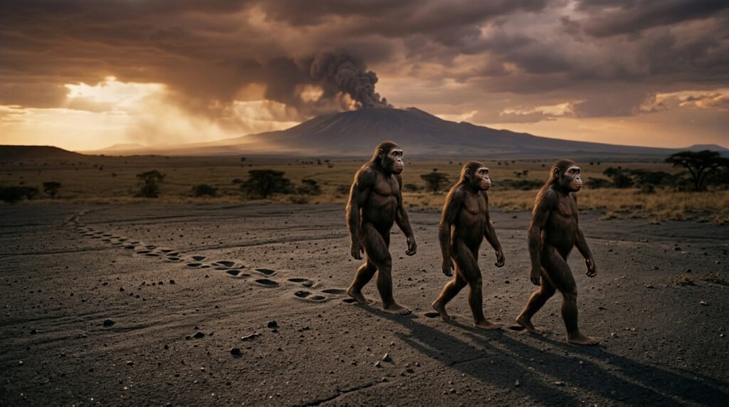 Tre Australopithecus afarensis che camminano in fila sulla cenere vulcanica, lasciando impronte, con un vulcano sullo sfondo