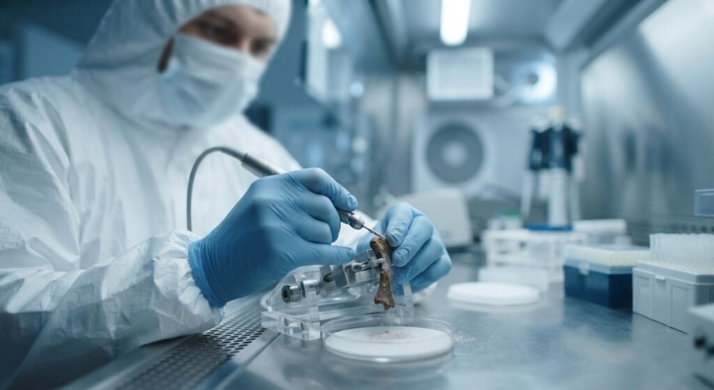 Ricercatrice in tuta sterile preleva polvere da un frammento di osso fossile in un laboratorio per DNA antico