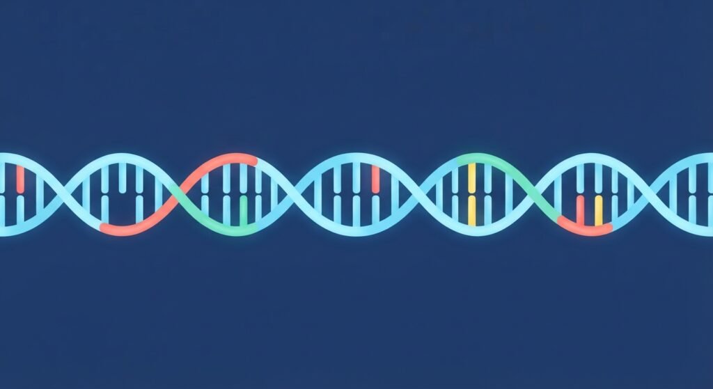 Filamento di DNA azzurro con alcuni frammenti colorati in corallo, verde e giallo che rappresentano le varianti ereditate dai Neanderthal