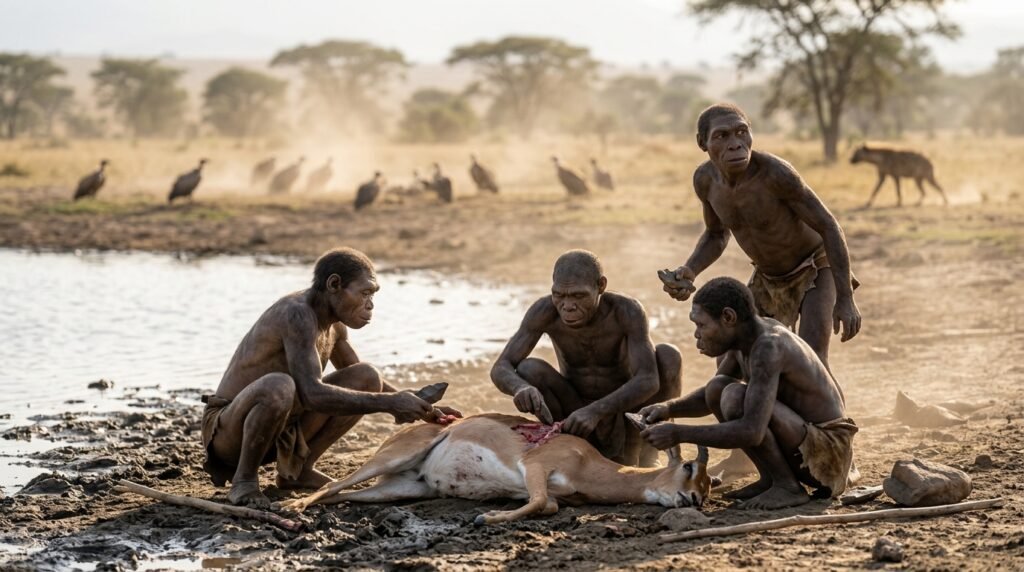 Ricostruzione di un gruppo di Homo habilis che macella la carcassa di un'antilope con schegge di pietra, mentre avvoltoi e una iena osservano da lontano.