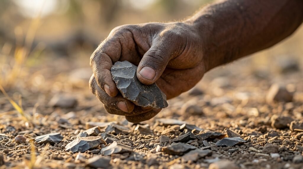 Ricostruzione della mano di Homo habilis che stringe un chopper di pietra Oldowan con una presa di precisione.