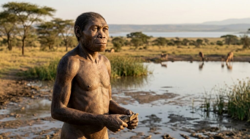 Ricostruzione di un individuo adulto di Homo habilis sulle rive di un lago a Olduvai, con corpo esile, braccia lunghe e cranio arrotondato.