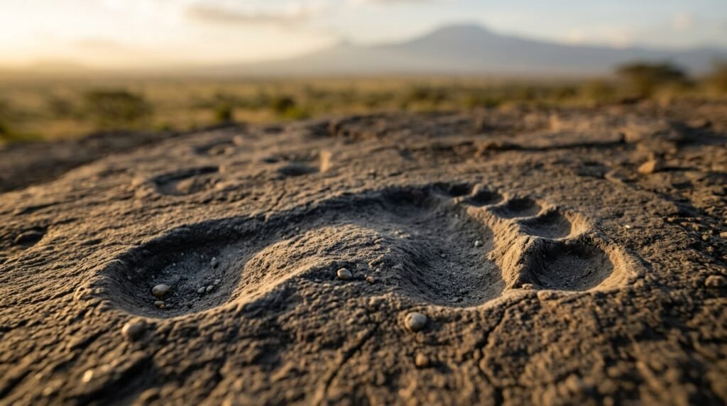 Impronta fossile di un ominino nella cenere vulcanica indurita di Laetoli, in Tanzania, illuminata da luce radente