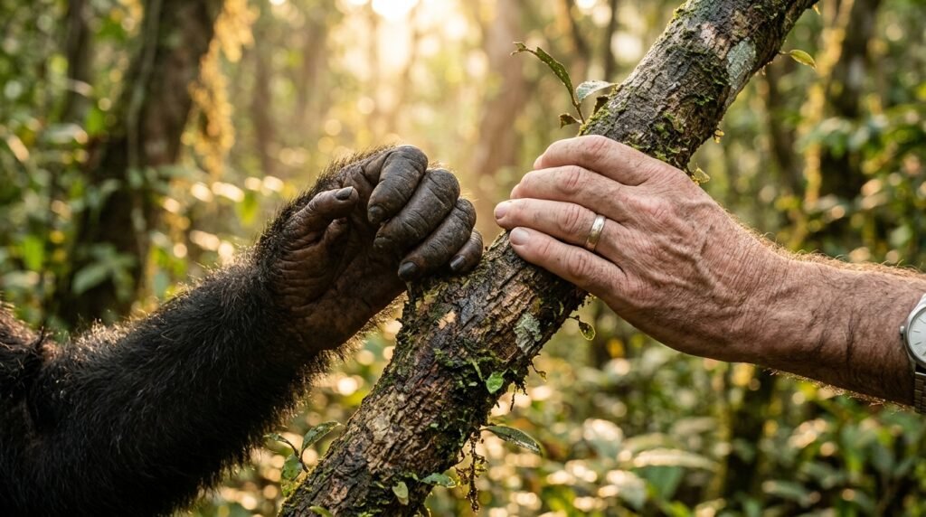 Una mano di scimpanzé e una mano umana afferrano insieme lo stesso ramo.