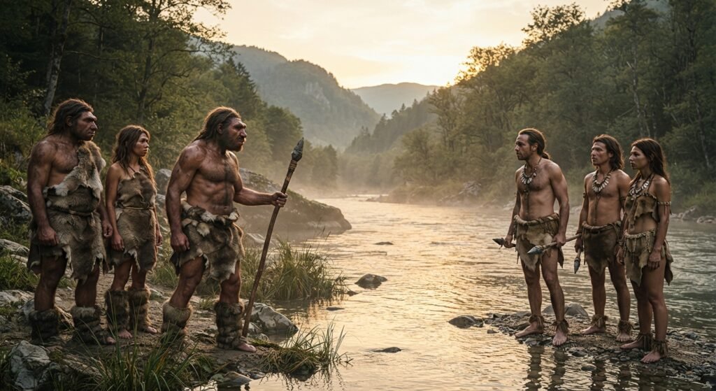 Un gruppo di Neanderthal e uno di Homo sapiens si osservano sulle rive di un fiume al tramonto