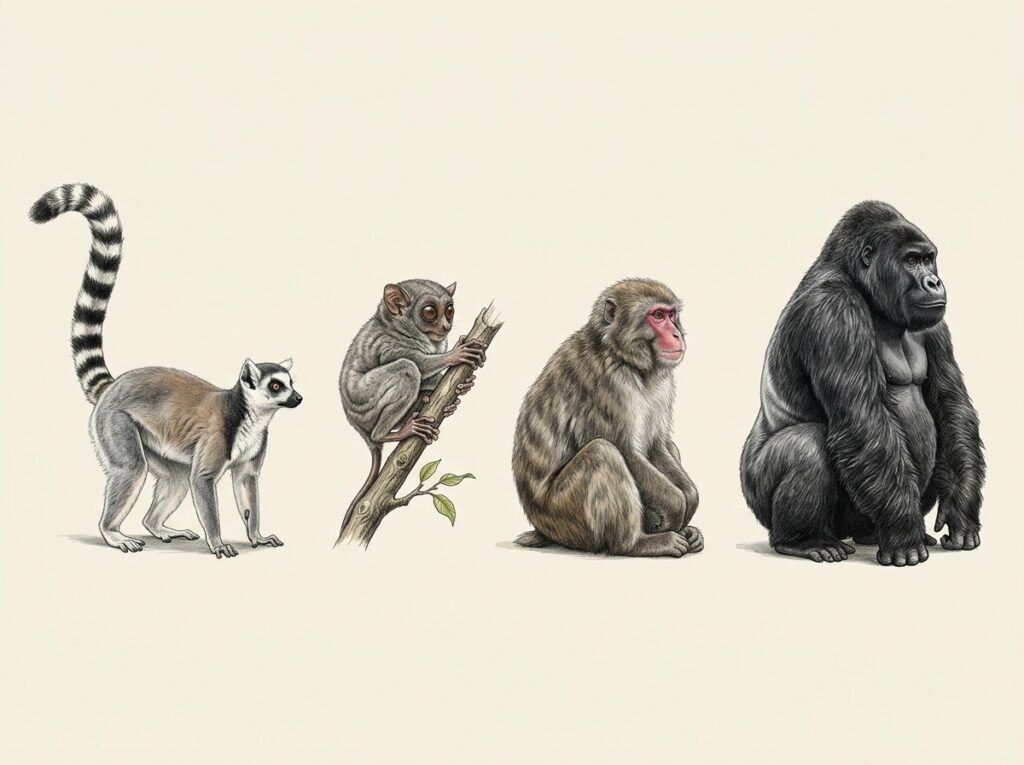 Un lemure, un tarsio, un macaco e un gorilla, quattro primati molto diversi tra loro.
