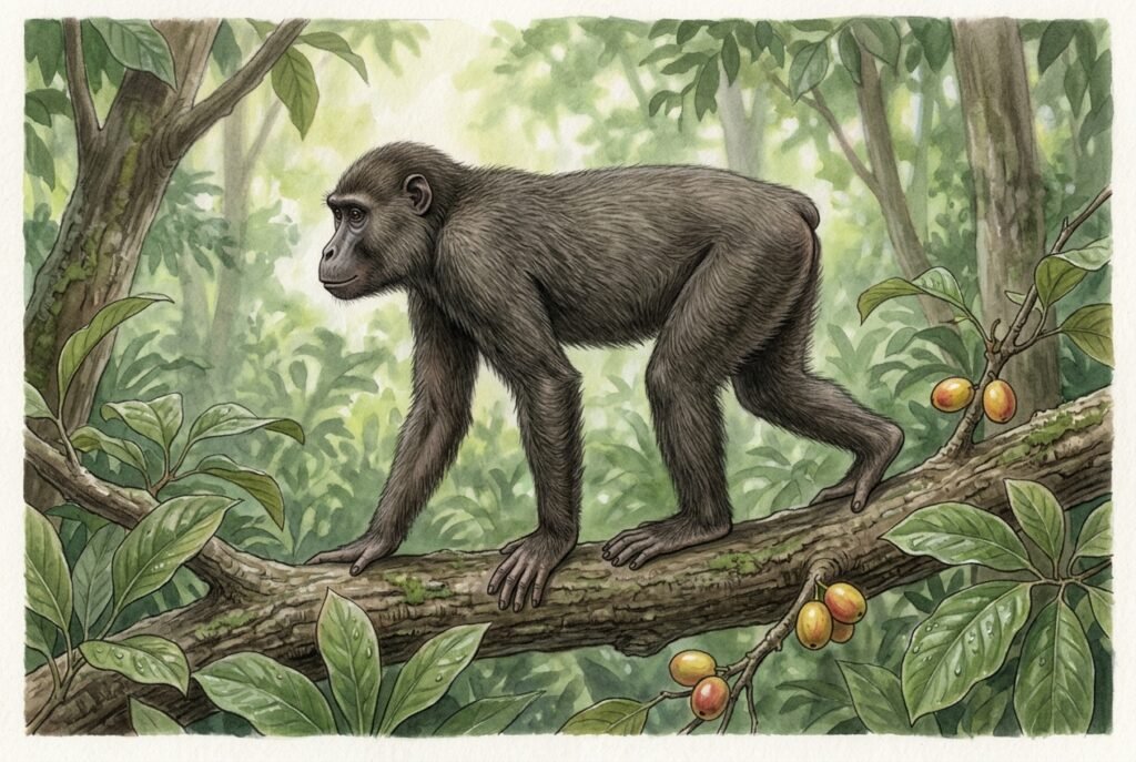 Ricostruzione di Proconsul, primate senza coda del Miocene, che cammina a quattro zampe su un ramo