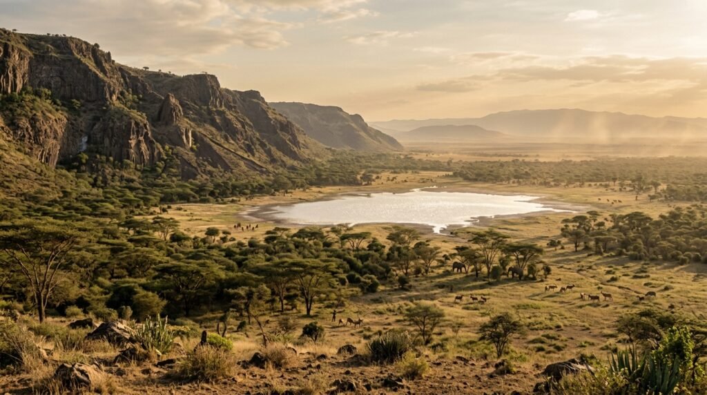 Paesaggio della Rift Valley africana con scarpata, lago e savana alberata al tramonto